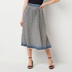Worthington Black and White Pleated Midi Skirt with Blue Trim